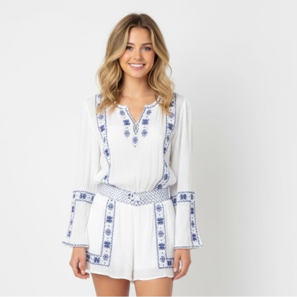 Polo Ralph Lauren Bohemian Romper Shorts White Blue Embroidered Girl’s Size 10